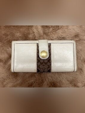 Coach White Leather & Brown Signature Canvas Snap Wallet